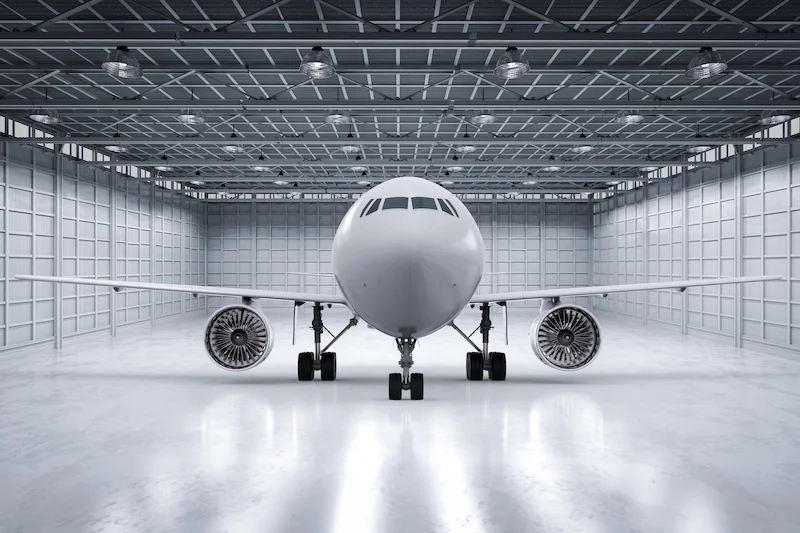 A commercial jet parked inside a maintenance hanger